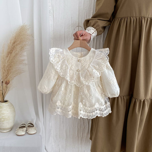 Baby Meisjes Romperjurk Met Tule – Bloemenborduur Met Ruches Lange Mouw 3 Tot 24 Maanden - KidsKorner