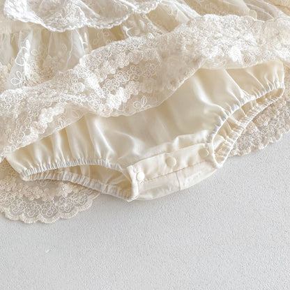Baby Meisjes Romperjurk Met Tule – Bloemenborduur Met Ruches Lange Mouw 3 Tot 24 Maanden - KidsKorner