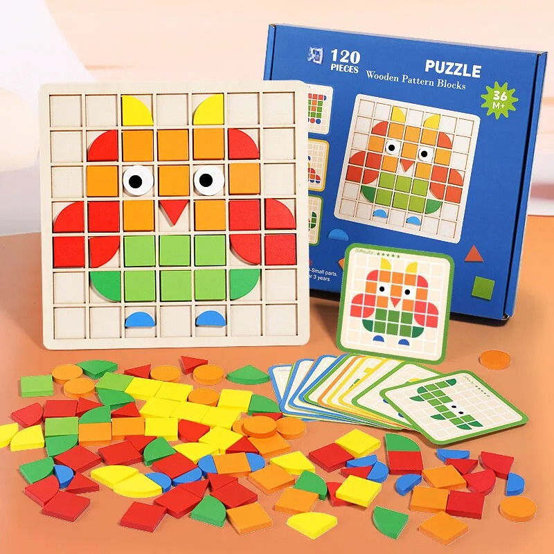 Houten Mozaïekpuzzel Met Patroonkaarten Voor Kinderen - KidsKorner